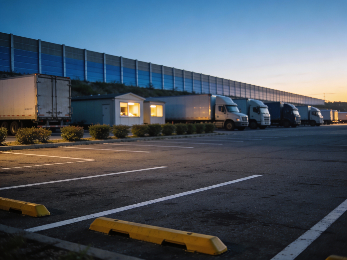 Trucks parked in a logistics yard at dusk.